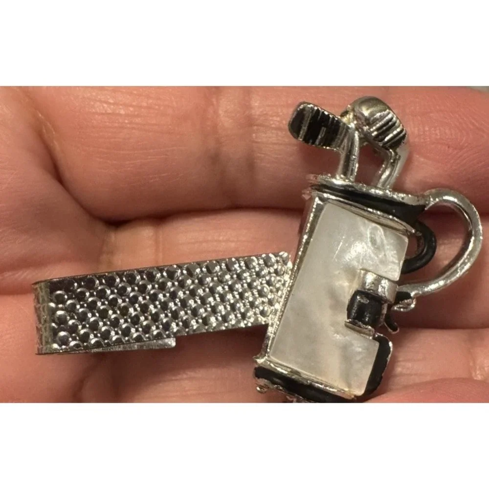 Golf Themed Matching Tie Clip‎ And Cufflinks, Golf bags Inlaid w/Abalone